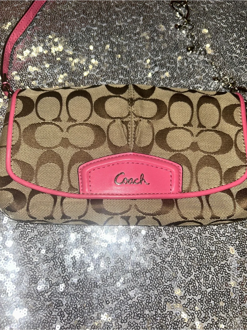 Coach Brown Signature Canvas Wristlet with Pink Trim